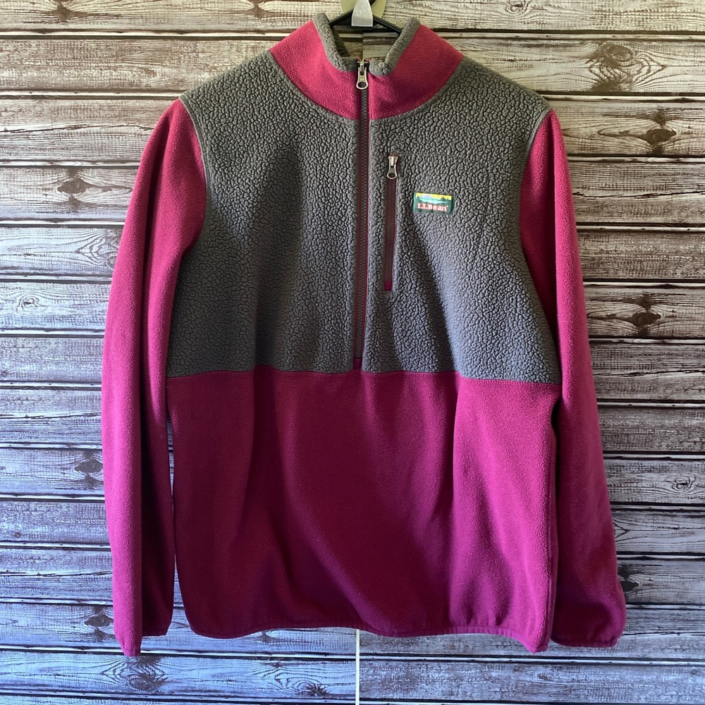 LL Bean Women's 1/4-Zip Polartec Fleece Size‎ L Berry Gray Logo Pocket